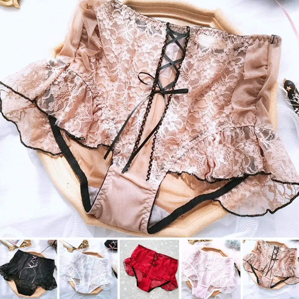 

Women Panties Ruffles Erotic Lingerie Sexy Lace High Waist Cross Lace-up Briefs Lace Trim Hip Lifting Mesh Yarn Panties