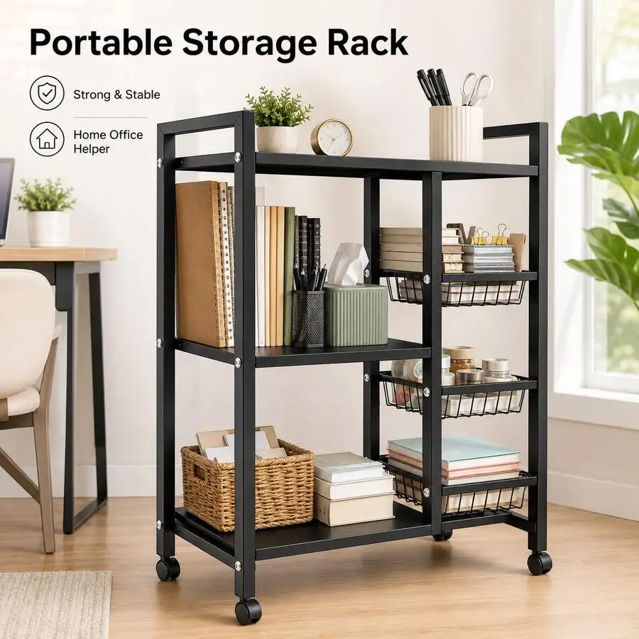 1pc Mobile Storage Rack, Adjustable 4-Tier Kitchen Shelving Unit With 3 Wire Baskets, Kitchen Storage Organizer, Wheeled Metal Shelf, Suitable For Garage, Pantry, Bathroom And Closet, Perfect Warm Housewarming Gift For New Homes view 8