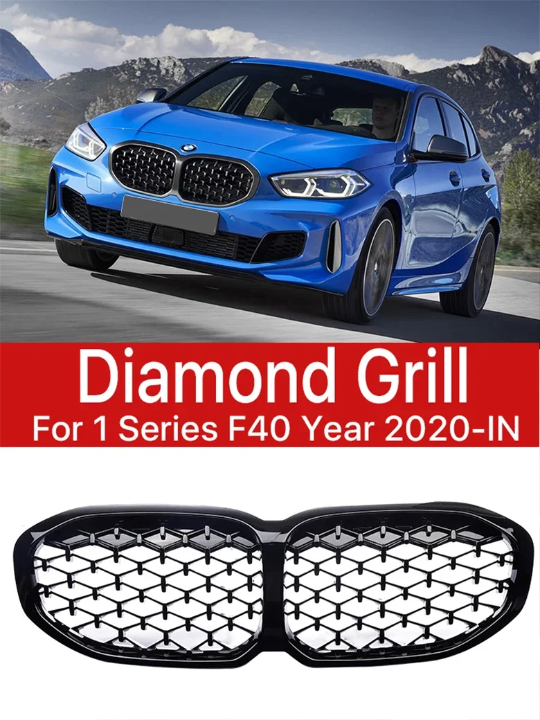 

Lower Front Bumper Kidney Carbon Fiber Grille Diamond Chrome Black Inside Grill Facelift Cover For BMW 1 Series F40 2019-2024