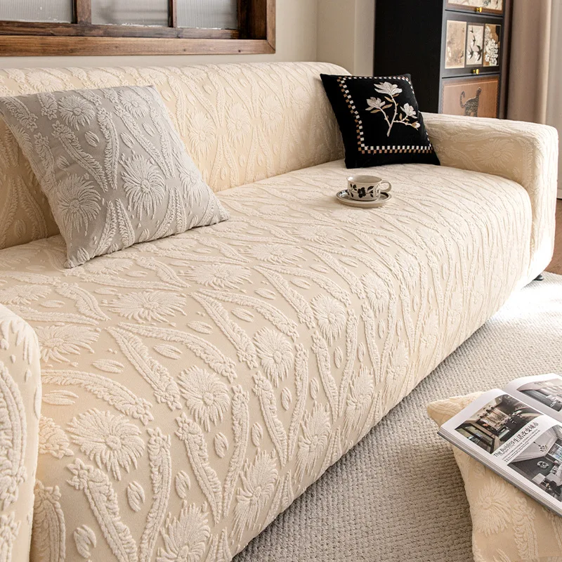 

Velvet Fleece Elastic Sofa Cover Full Wrap Universal Sofa Slipcover Couch Protector All Season Pet Friendly Furniture Cover