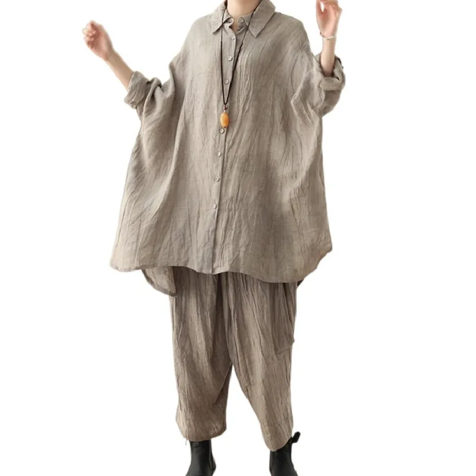 

Spring And Summer Women's Shirt Set Fashionable Loose Casual Bat Sleeve Button Cardigan Top + Harem Pants 2-piece Suit Woman