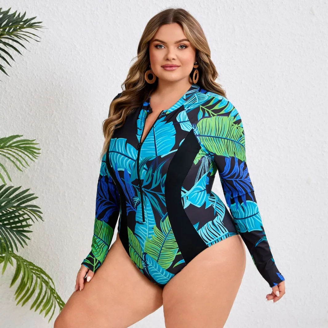 2026 Plus Size Tropical Leaf Print Long Sleeve One Piece Swimsuit Front Zip Stand Surf Rash Guard Curvy Women Beach Bathing Suit