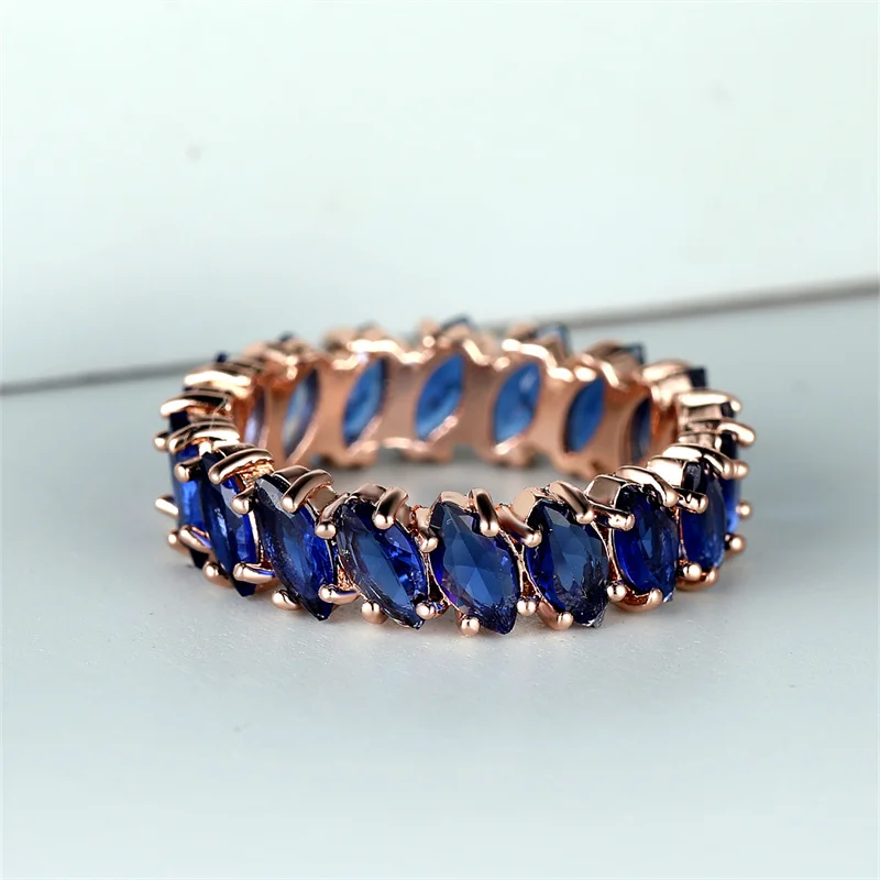 Anillos bohemios de hoja de piedra azul real para mujer, Color plata, oro rosa, Ojo de caballo, circón, alianzas de boda, regalo de joyería para fiesta de cumpleaños