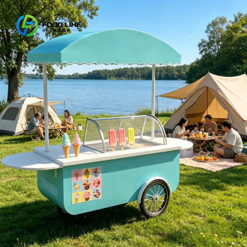 Canopy Ice Cream Push Cart, Gelato Display Freezer Cart with Side Table for Lake Park Outdoor Market Gelato Ice Cream Customized