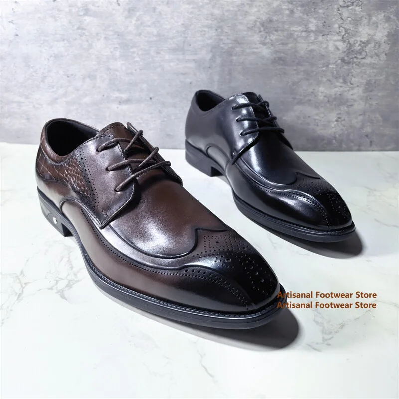 Brown Gradient Brogue Derby Shoes Croc-Textured Business Dress Footwear Brogue Oxfords Lace-Up Formal Office Shoes Men's Shoes