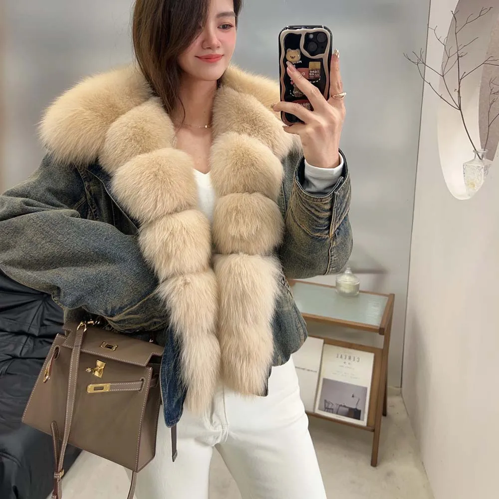 ملابس الخريف النسائية الجديدة معطف طويل الأكمام سترات الدنيم مع ياقة فرو الثعلب الحقيقي