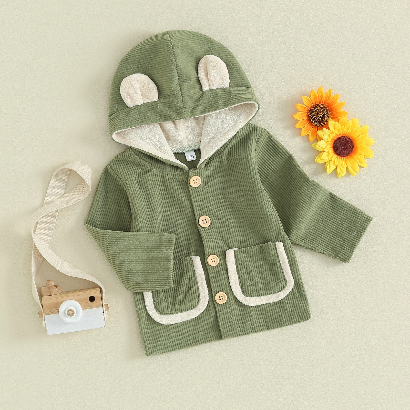 Kids Jacket, Long Sleeve Hooded Jacket Button Closure Patchwork Outwear Fall Clothes with Pockets