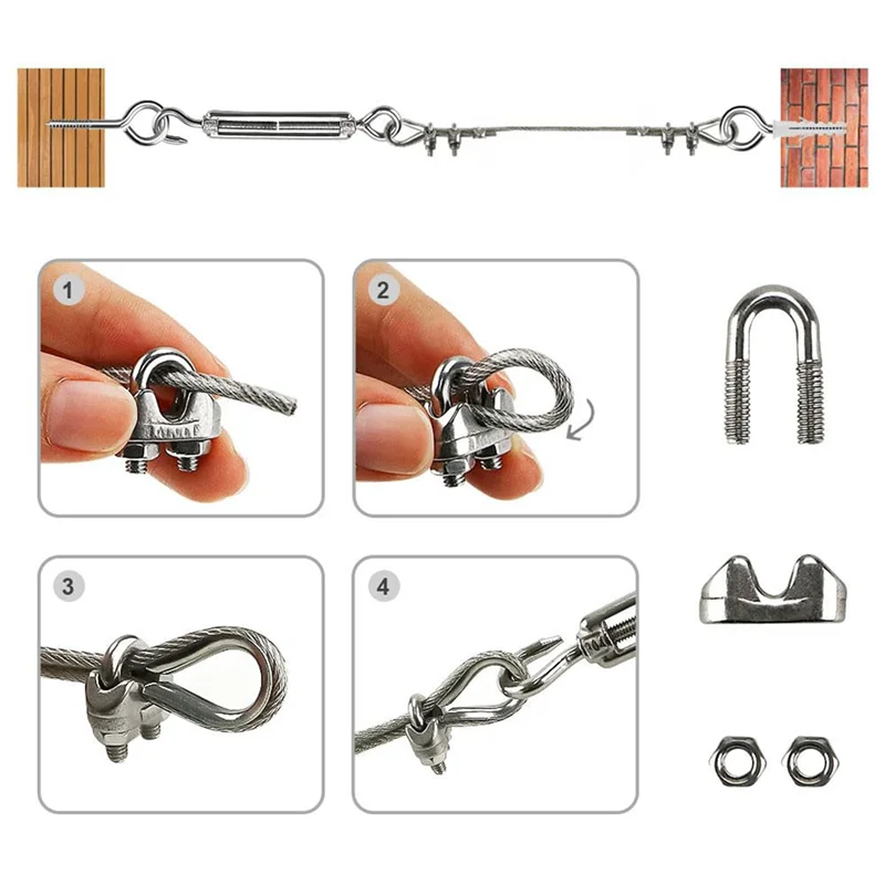 Kit in acciaio inossidabile da 20 m, lo smistamento da 3 mm aiuta a stringere l'usura della corda con morsetto per corda in acciaio inossidabile M5 R facile da sostituire