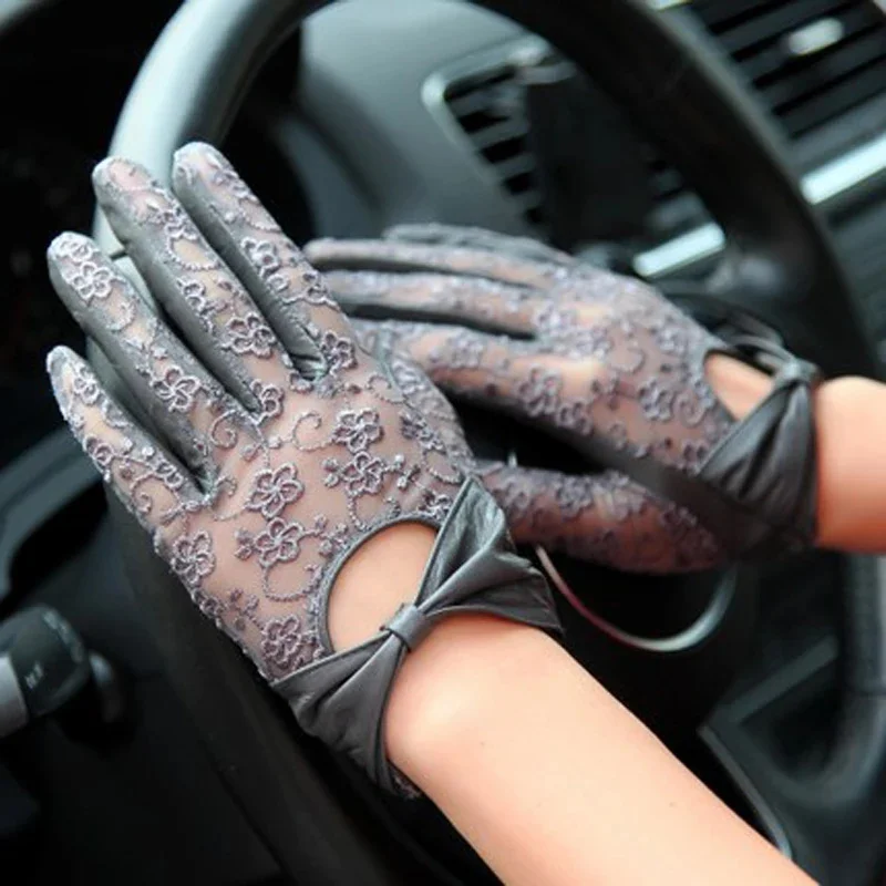 Leather Genuine Lace Short Thin Gloves for Women 2024 Summer New Bow Anti-UV Pure Mittens Mujer Black/Brown Luvas