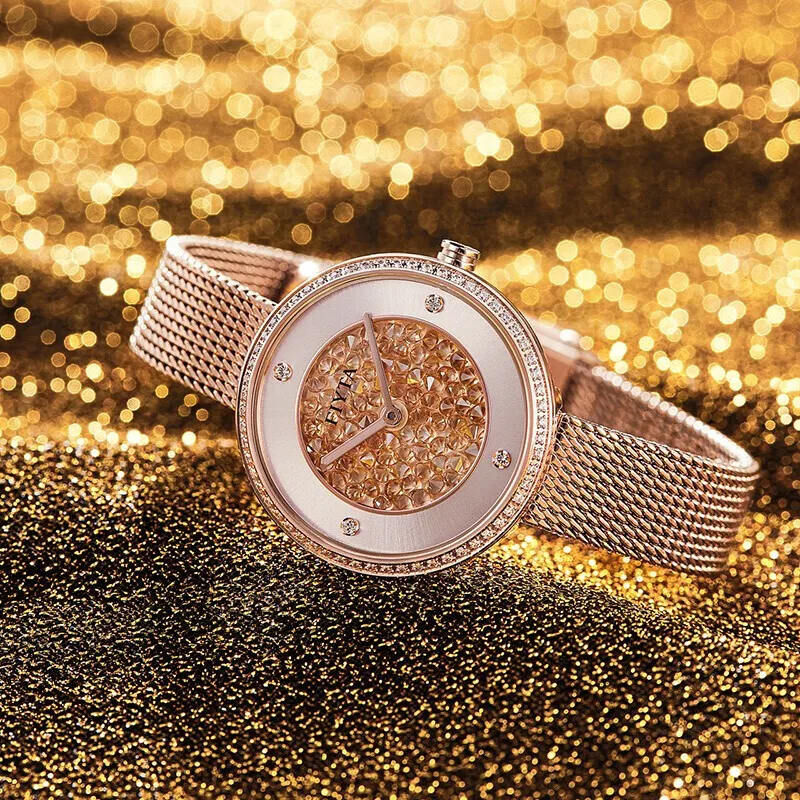 ساعات كوارتز للسيدات من FIYTA، كريستال الياقوت، مقاومة للماء بطول 30 مترًا، ساعات فاخرة وعصرية للنساء