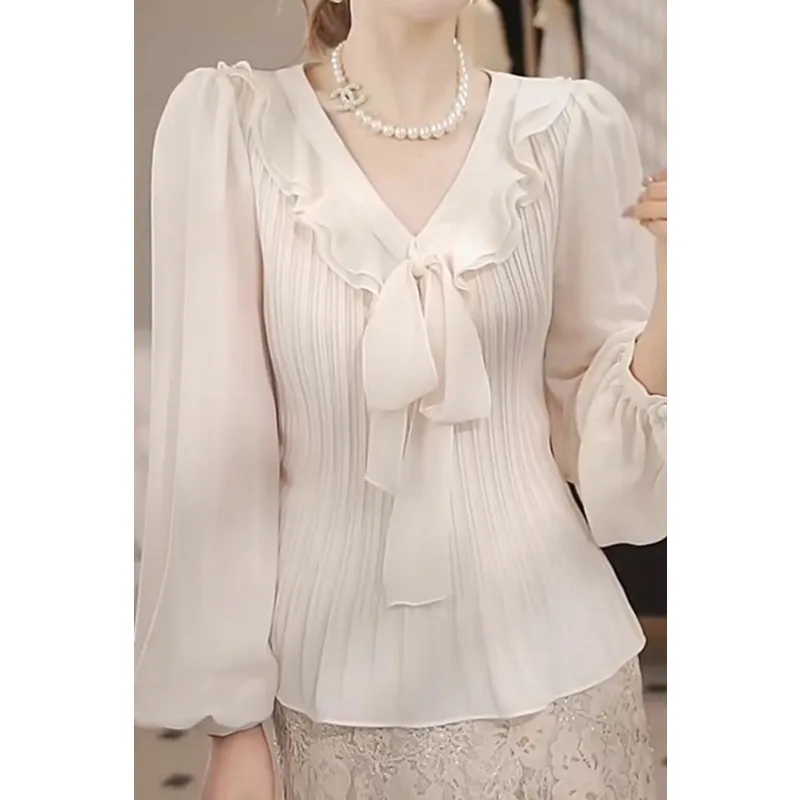 

Женская шифоновая блузка с V-образным вырезом, рюшами и бантом на завязках, пышными длинными рукавами, плиссированная, приталенная, элегантная, для офиса и повседневной носки