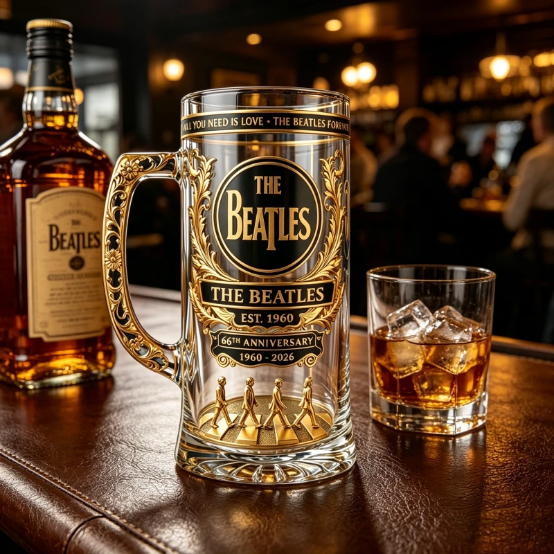 The  Beatles 66th Anniversary Beer Mug, Vintage Black Gold Embossed Large Capacity Glass Draft Beer Mug Collection Ornament