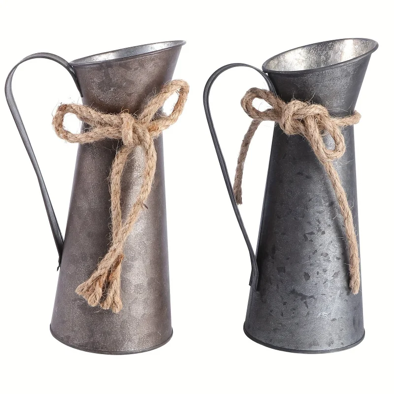 

2pcs Vintage Farmhouse Vase Decor, Galvanized Metal Rustic Vases For Dried Flowers Shabby Chic Jug Planter, Metal Pitcher Vase