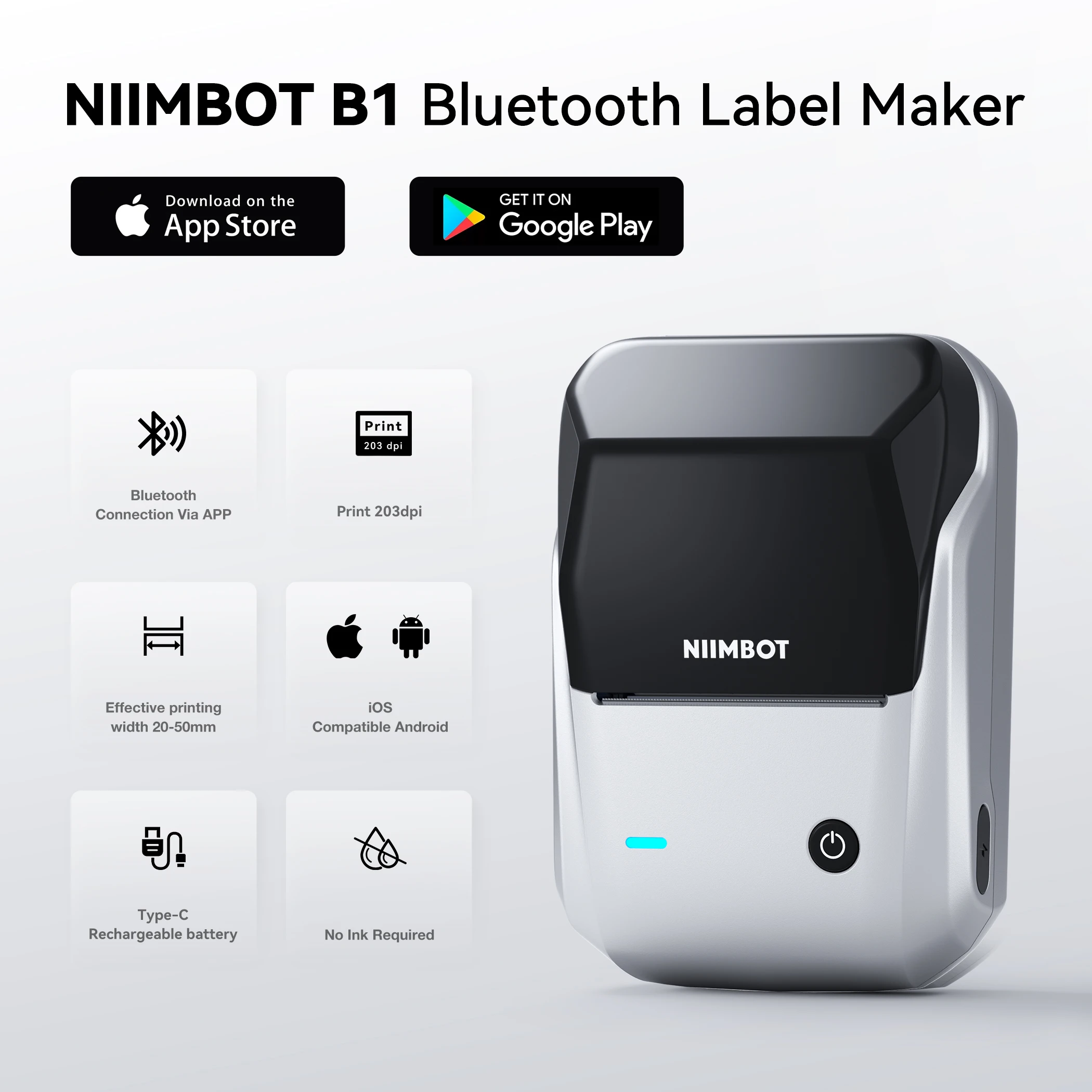 Niimbot B1 English Label Printer Portable Handheld Thermal Printer Mini Barcode QR Code Sticker Paper Color Rolls Maker Cable