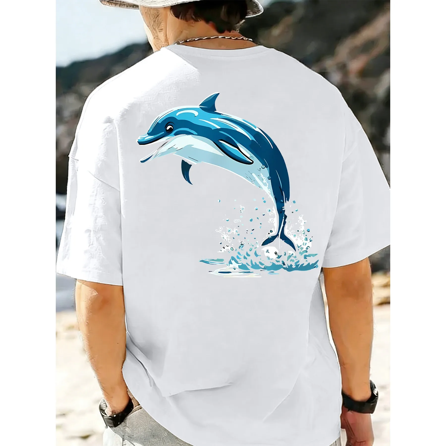 Men'S New Blend Short Sleeve T-Shirt Dolphin Print Round Neck Short Sleeve Suitable for Vacation