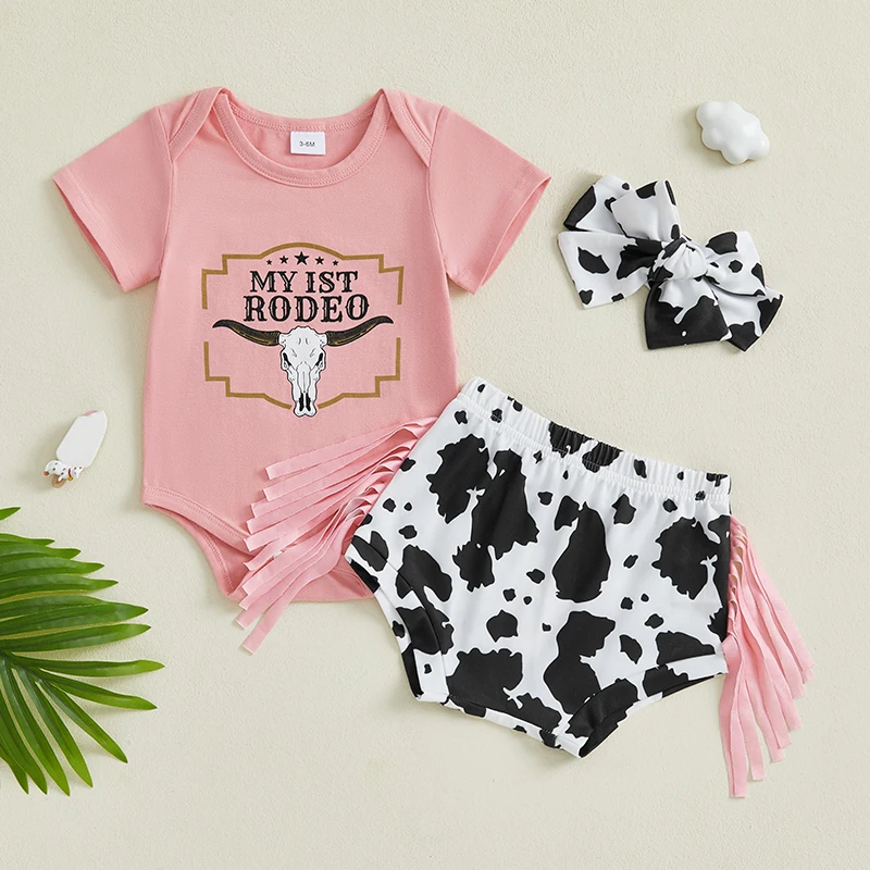 

Summer Newborn Baby Girls Clothes Sets Short Sleeve Letters Print Romper Cow Pattern Tassels Shorts with Hairband Casual Outfits
