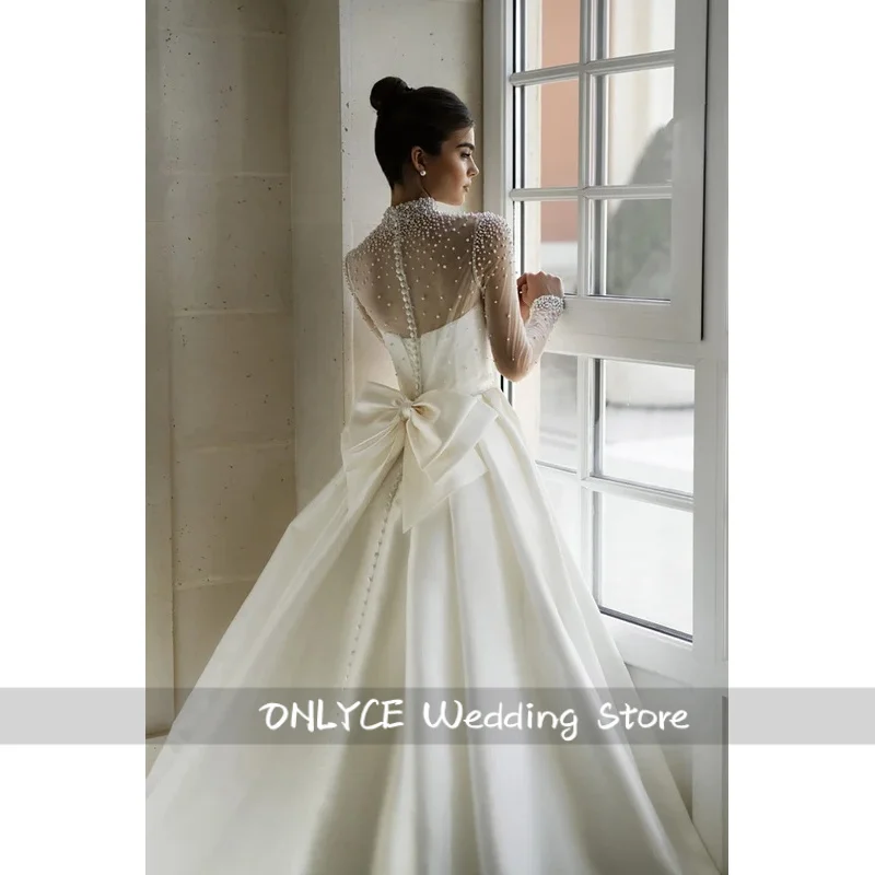 فساتين زفاف من الساتان الوهمي لعام 2026 للنساء برقبة عالية Lvory على شكل حرف a فستان العروس بطول التطهير من Vestidos De Noiva مخصص #1