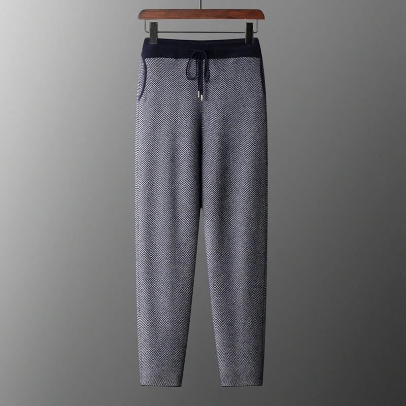 

Новые осенне-зимние мужские вязаные брюки с узором «елочка», толстые прямые брюки из 100% мериносовой шерсти, с эластичной резинкой на талии, теплые брюки на маленьких штанинах