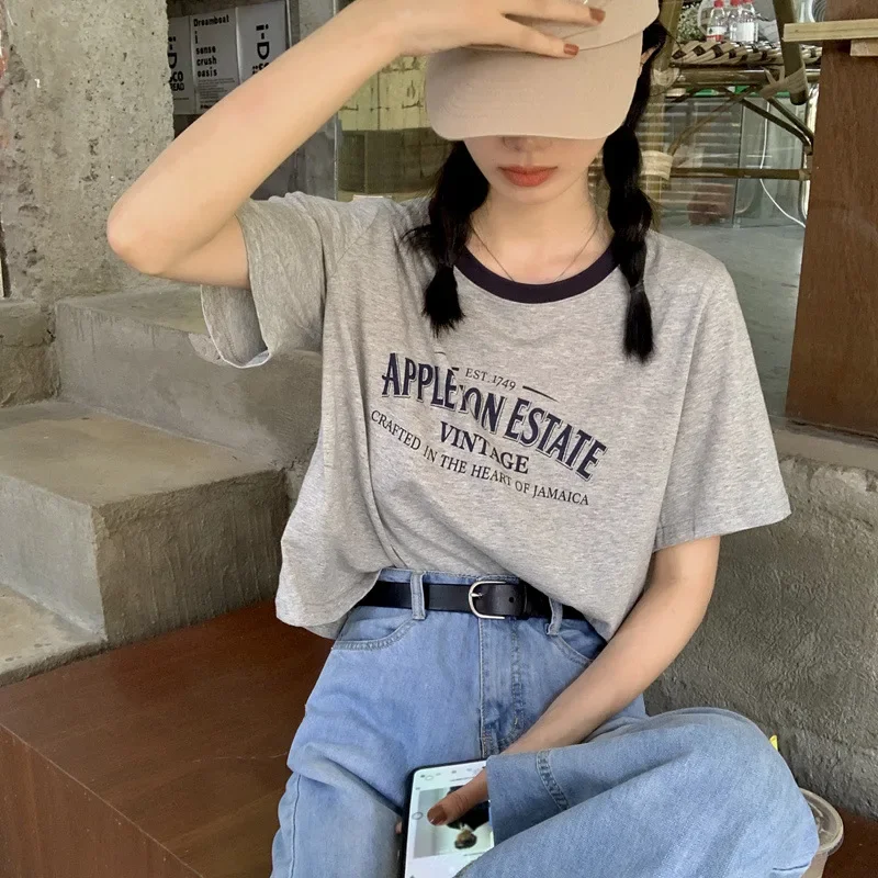 2024 Summer Vintage Student Top American Style Letter Print Loose-Fit Cropped Round Neck Short Sleeves T-Shirt Women's