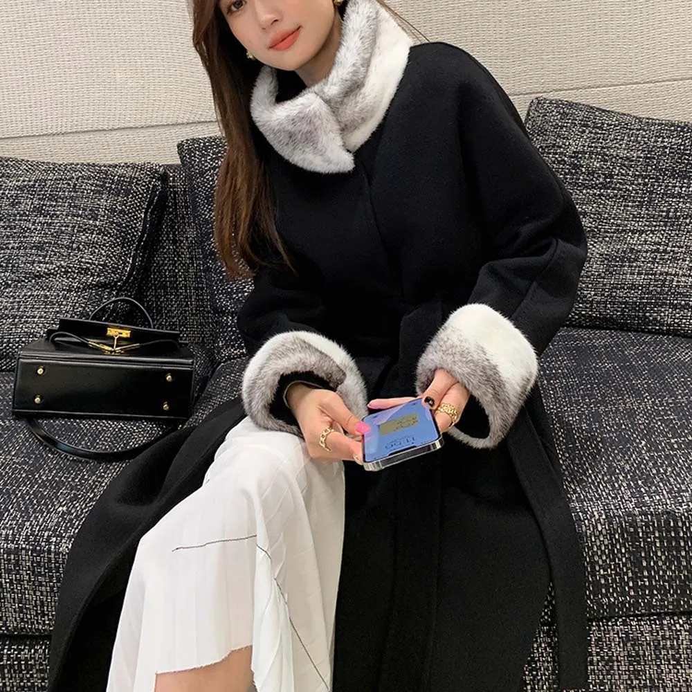 2025 Winter Women Thick Warm Cashmere Coat Elegant Black Overcoat Lace-up Patchwork Mink Fur Woolen Coats - Image 4