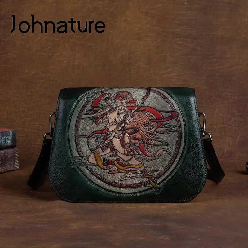 Johnature Vintage Embossed Genuine Leather Women Bag 2024 New Creative Constellation Totem Cowhide Shoulder & Crossbody Bags