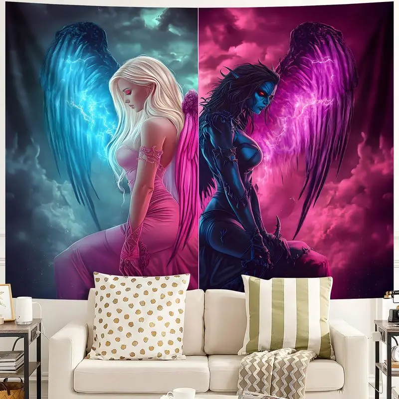 VIKAMA Indigo Rose Angel Demon Dual Plumes Black Light Tapestry UV Active Surreal Wall Poster Home Accent Decor Soft Durable
