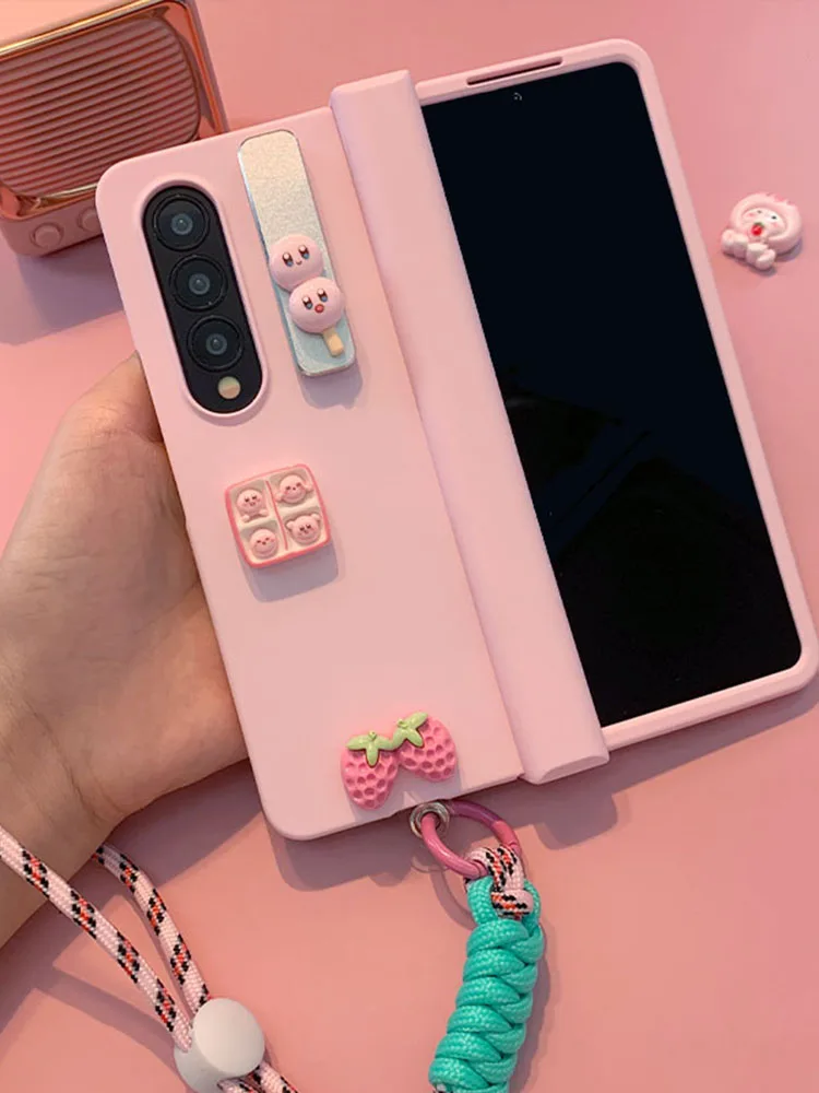 Cute Strawberry Gril Pink Phone case For Samsung Galaxy Z Fold 3 Metal Folding Holder case Z Fold 4 Skin Feel Hinge Cover