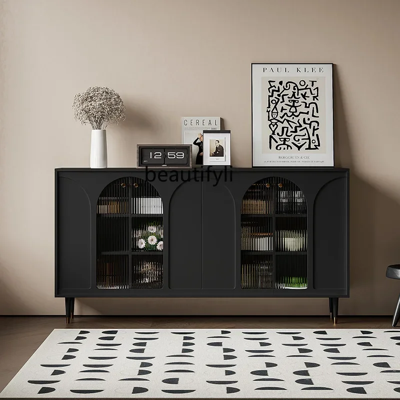 

Modern simple dining side cabinet 30cm ultra-thin black living room entrance French retro storage tea cabinet