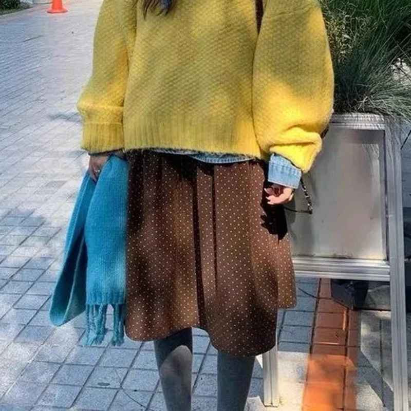 コーデュロイ水玉ミディスカート レディース ヴィンテージ ハイウエスト ボタン 秋冬スカート 原宿 Aライン オールマッチ カジュアル レトロスカート