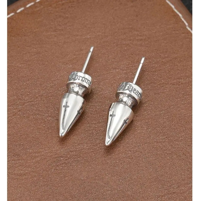 

Hip Hop Punk Rivet Bullet Head Ear Studs Male Trendy Personality 925 Sterling Silver Made Old Cross Earbone Studs Earrings