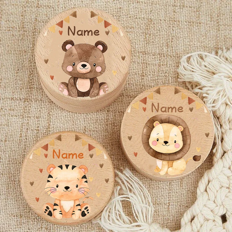 Personalized Tooth Fairy Wooden Box Kids Tooth Keepsake Box Cute Bear Lion Tiger Pattern Tooth Fairy Holder New Baby Gift