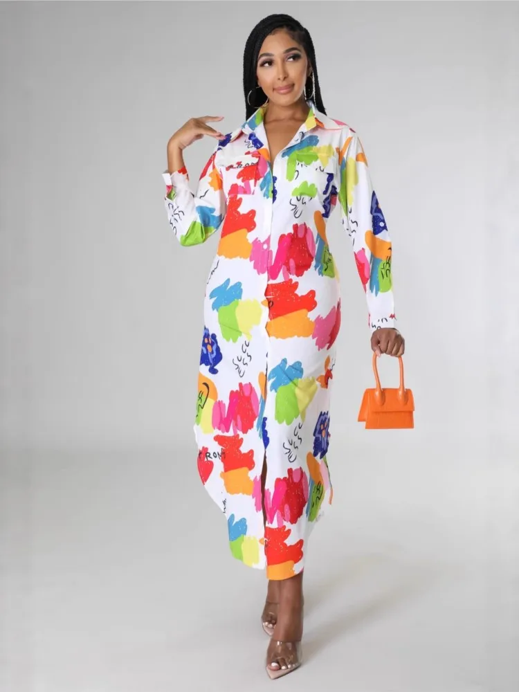 Abito camicia lunga irregolare stile spiaggia casual nuova moda autunnale elegante stampa manica lunga bottoni abiti da festa da spiaggia veste femme