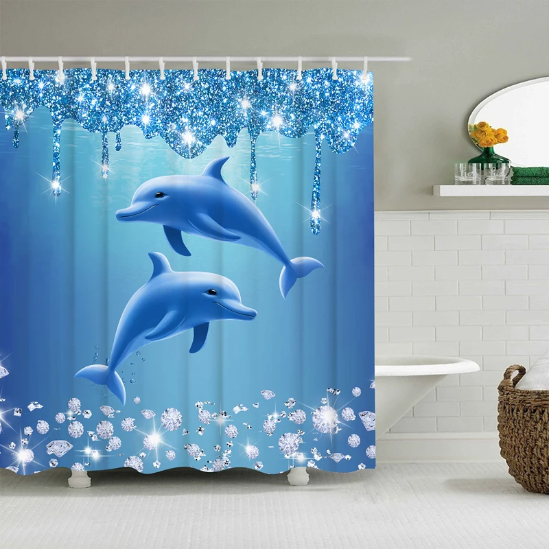 YOMDID 1/4pcs Shining Diamond Dolphin Printed Shower Curtain Set Shower Curtain With Hooks Blue Decorative Bathroom Curtain