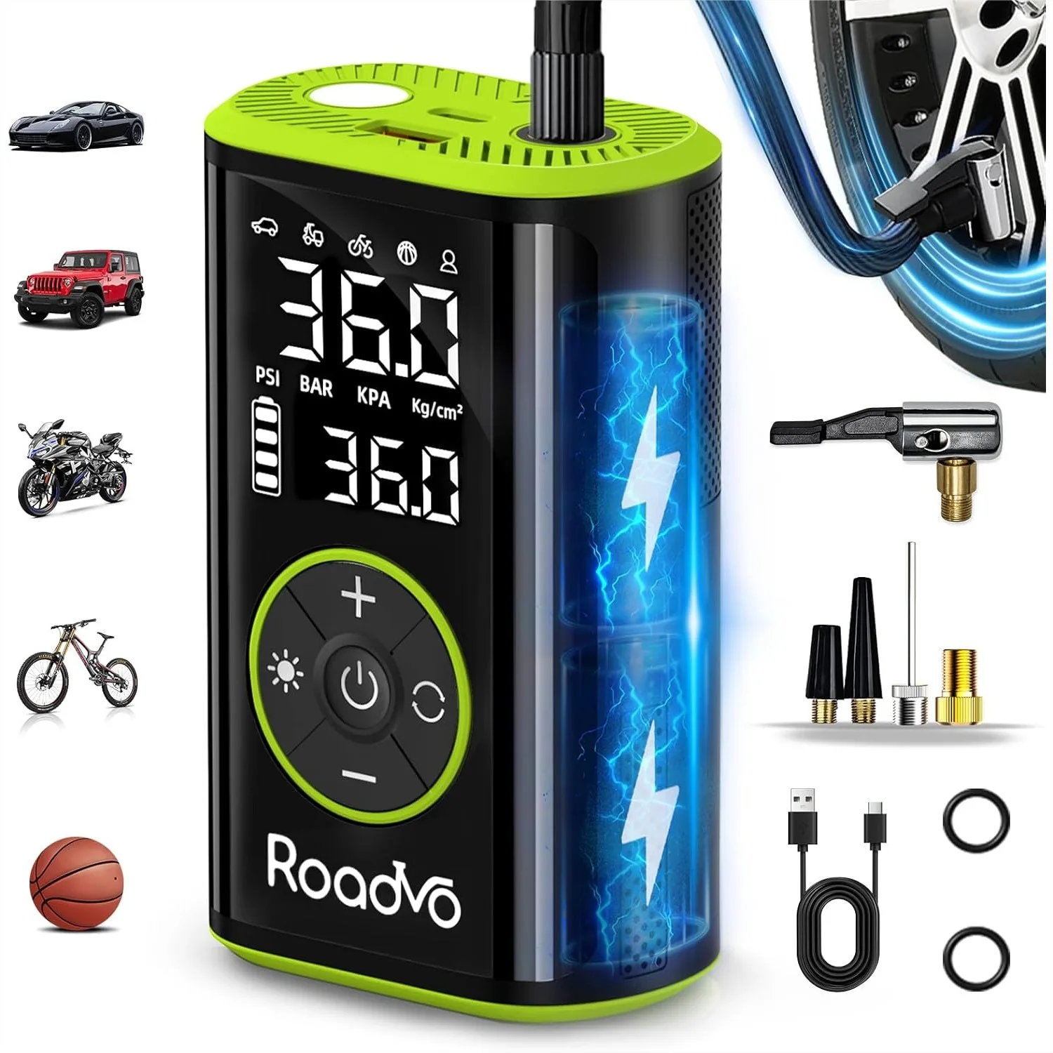 Gonfleur de pneus portable, compresseur d'air 150 PSI, pompe à air sans fil 3 fois plus rapide pour pneus de voiture avec jauge numérique, arrêt automatique, LED