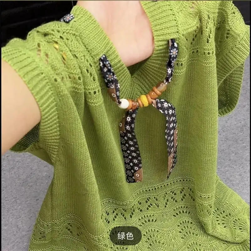

WOMEN 2026 New Summer Autumn Thin Hollow Out Knitted Sweater Pullover T-shirt Knitwear Short Sleeved Ribbon Versatile Top