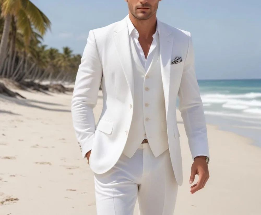 

Men's 3 Piece Suit Slim Fit Summer White 3PCS Wedding Suit Conjunto Blazer E Calça Masculino