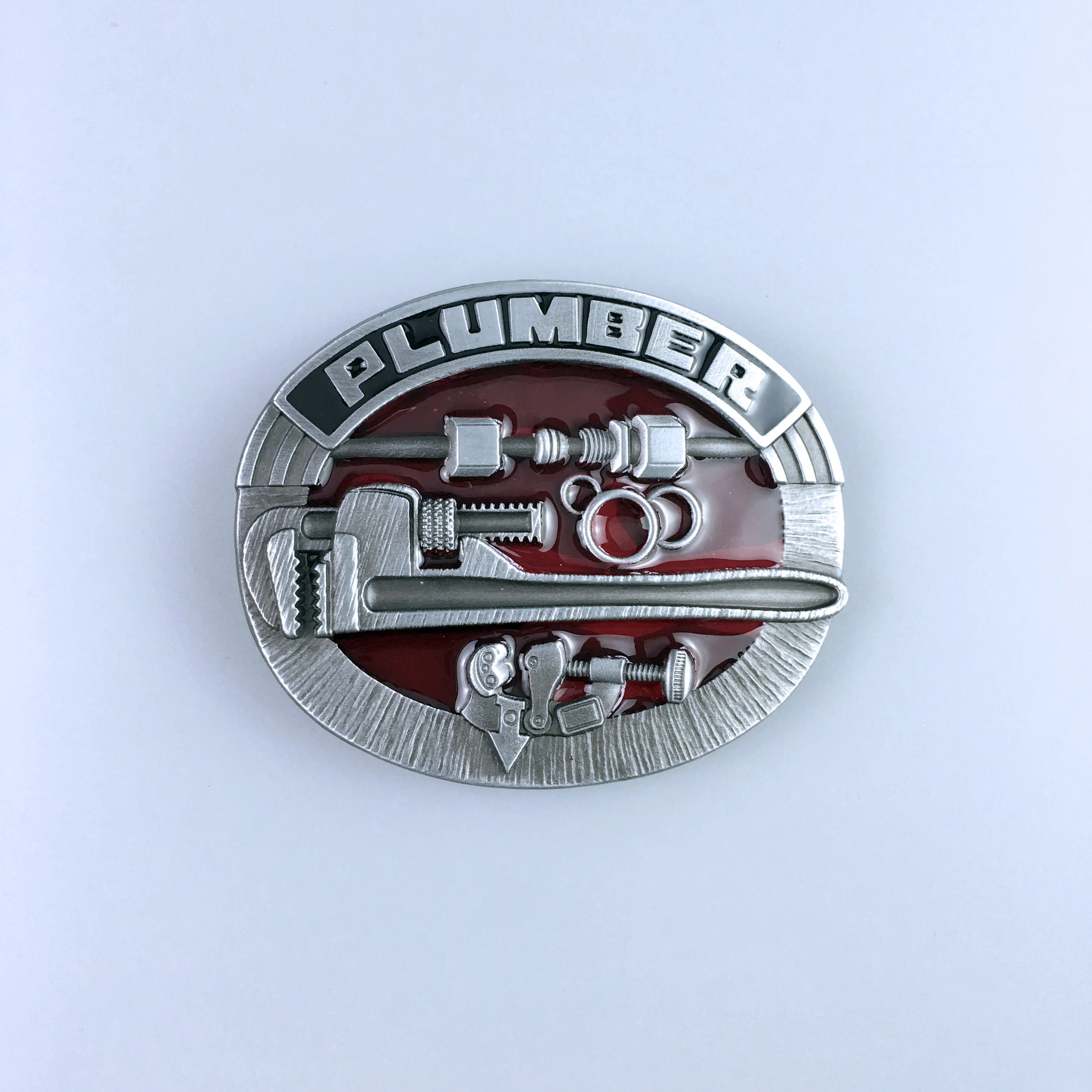 Vintage Red Enamel Plumber Trades Tradesman Belt Buckle Hebilla BUCKLE-WT125RD