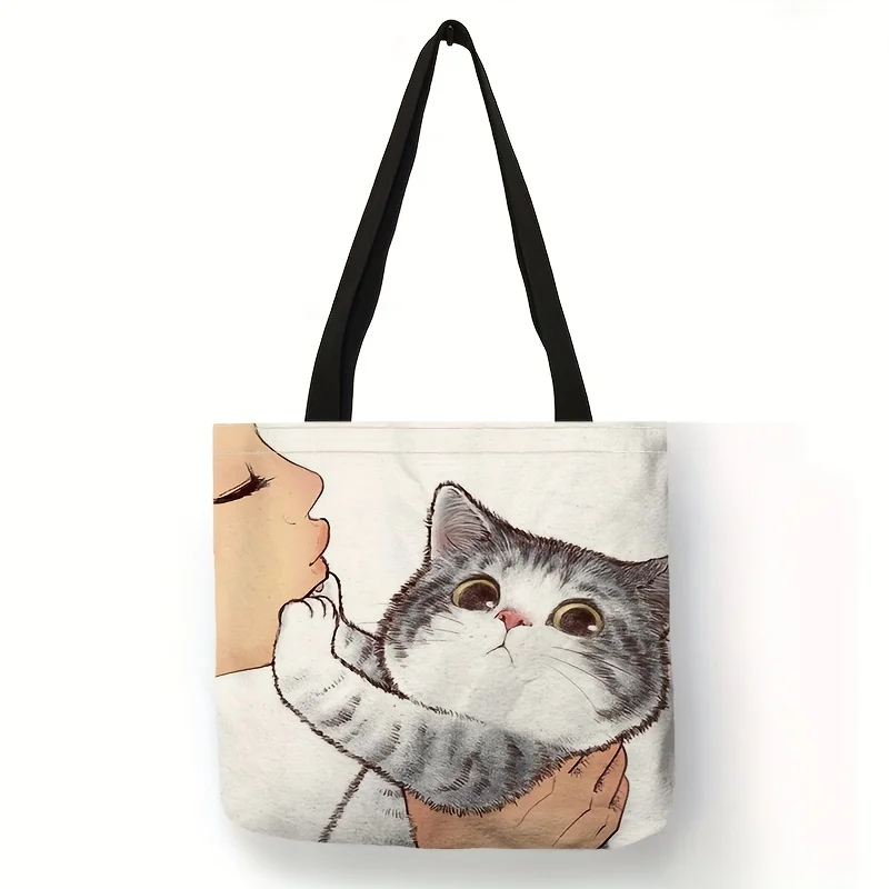 Cute Cartoon Cat Print Tote Bag, Large Capacity Shoulder Bag, Women\'s Casual Handbag For Work School Shopping