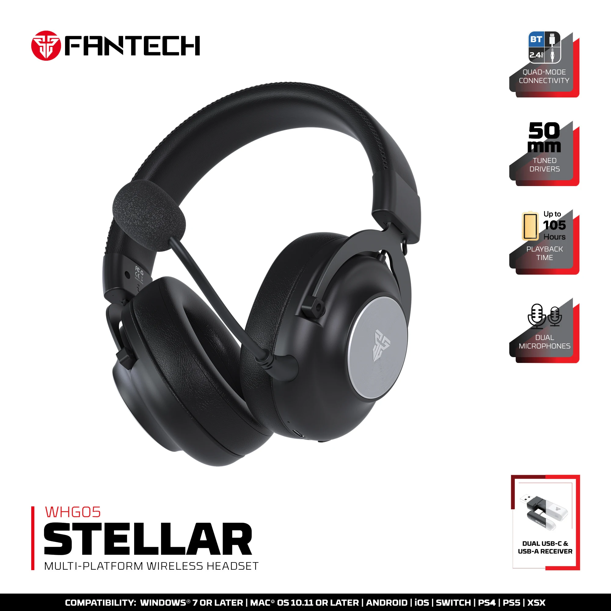 

FANTECH STELLAR WHG05 Wireless Gaming Headset 2.4G/Wired/BT5.3 3 Modes With Bendable HD Mic Headphones Immersive Sound For PC PS