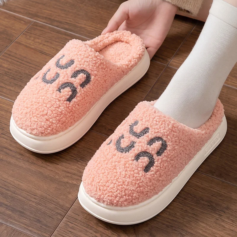 Winter Lambswool Platform Cotton Slippers Women Comfortable Soft Sole Thicken Plush Home Slides 2026 Anti Slip Warm Fur Slippers
