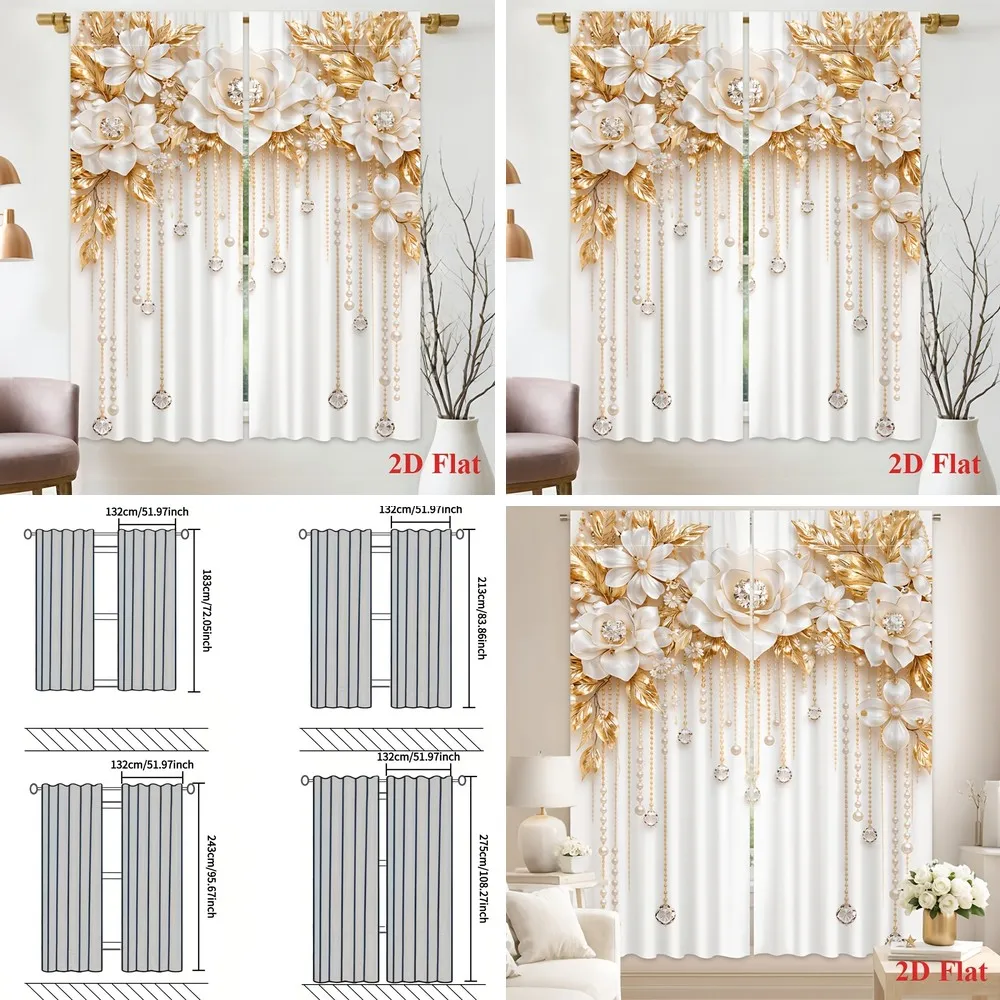 

2D Flat Floral Curtains with Gold Pearls Beads Drops, 2 Panels Set, Light Filtering Window Treatment for Balcony Bedroom Living
