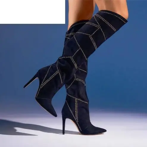 

Dark Blue Suede Patchwork Rivets Pointed Toe Stiletto Thin Heels Knee High Boots Women Fashion Run Way Tube Slip On Long Botas