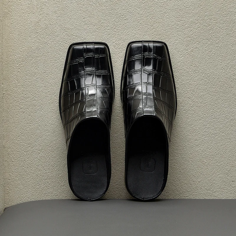 Men Black Pattern Square Toe Mules Slip‑on Block Heel Leather Casual Slippers