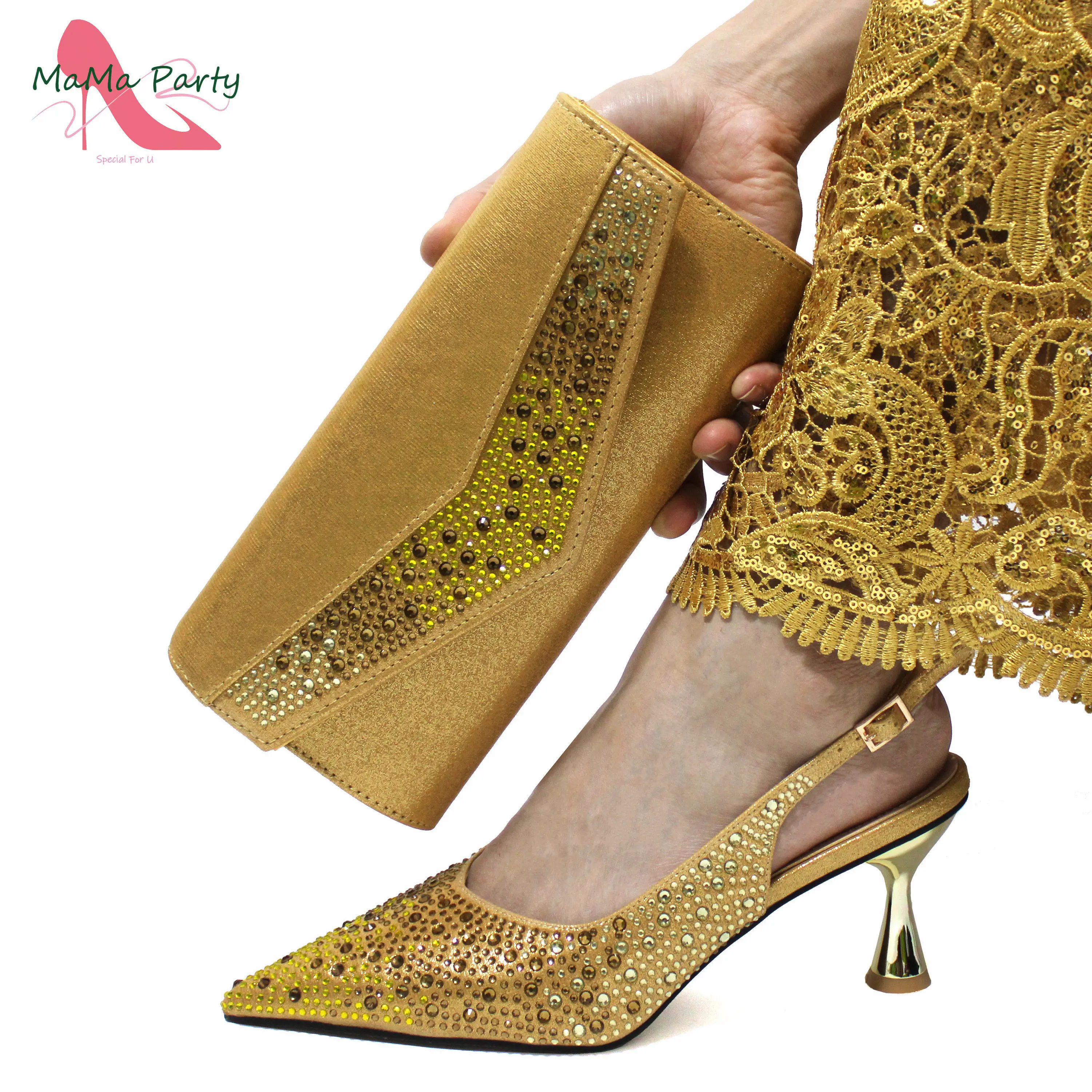 Novelty New Arrivals Young Girl Styl Italian Women Shoes and Bag Set in Gold Color High Quality INS Hot Sale for Wedding