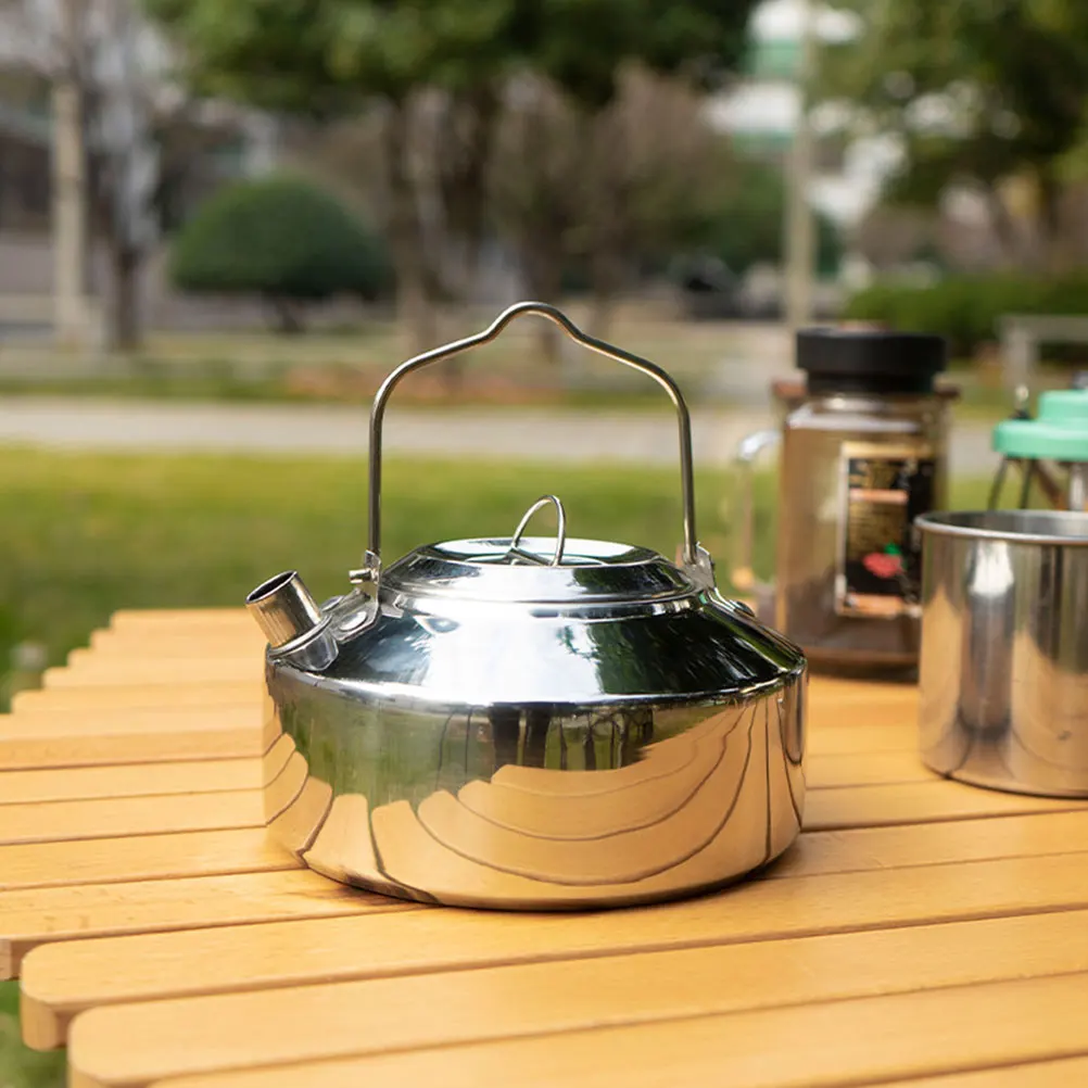 

Stainless Camp Kettle Portable Outdoor Water Boiler Camping Cookware Silver Steel