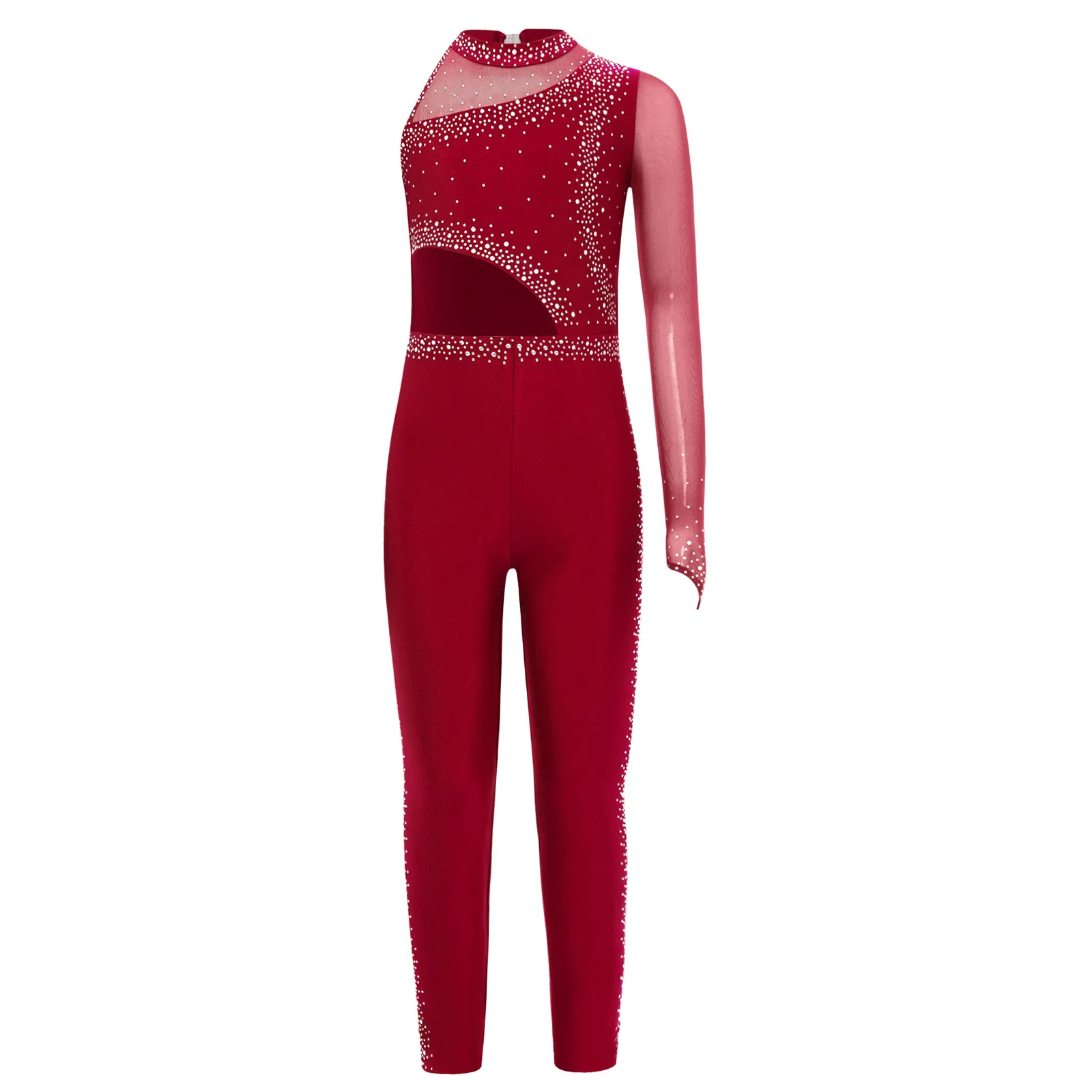 

Kids Girls Gymnastics Figure Skating Dance Jumpsuit One Shoulder Mesh Patchwork Sparkly Rhinestones Full Body Leotard Rompers