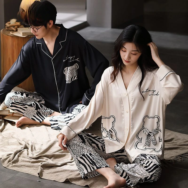 Couples Pajamas Women Spring Autumn Nightgown Ice Silk Soft Thin New Summer Sleepwear Suit Long Sleeve Men Women Homewear Set