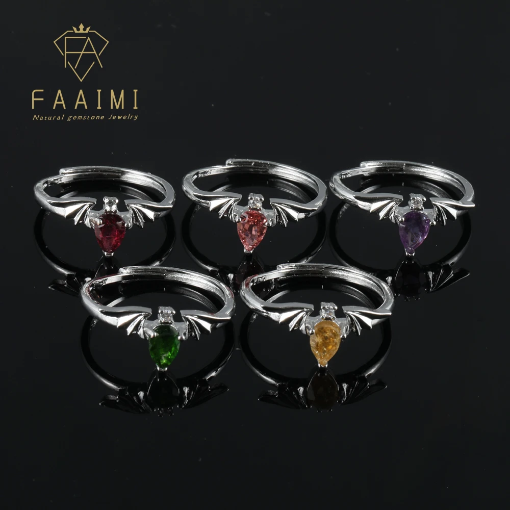 

100% натуральный драгоценный камень, диопсид, аметист, турмалин, гранат, стиль летучей мыши для женщин, регулируемое медное серебряное кольцо, подарки, ювелирные изделия