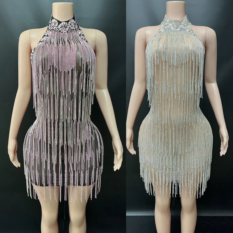 

Вечернее платье с цепочкой и бахромой, женские платья для джазовых танцев, бар, ночной клуб, DJ, вечеринка, сценический костюм XS10285