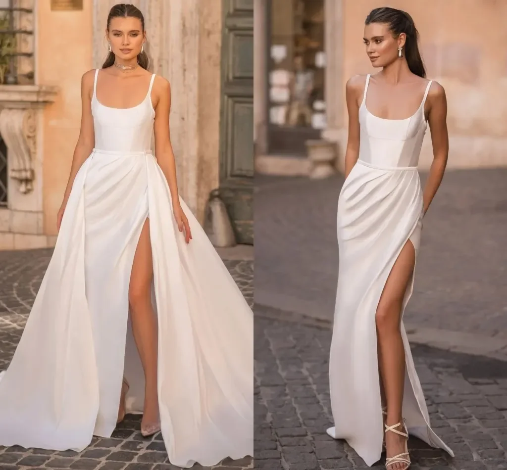 Vestido de casamento simples e elegante, gola quadrada querida, fenda lateral sexy, pregas com saia destacável, novo vestido de noiva, 2024